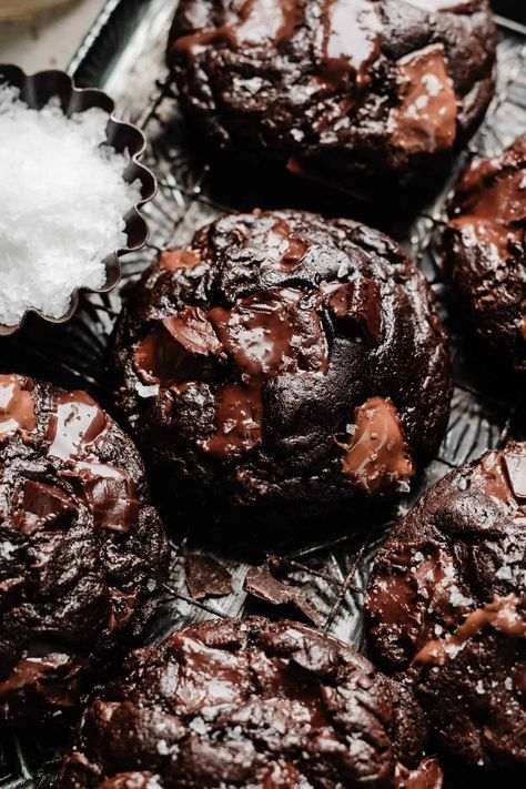 Triple Chocolate Cookies are ultra fudgy, with crackly tops - and three kinds of chocolate chunks! We're mixing semi-sweet, milk, and dark chocolate to make the richest possible chocolate cookie. Sprinkle some flaky sea salt over those melted pools of chocolate and bite into a chocolate lover's dream. Blue Bowl Triple Chocolate Cookies, Triple Chocolate Cookies Recipe, Chewy Triple Chocolate Cookies, Dark Chocolate Chip Cookies With Sea Salt, Gluten Free Triple Chocolate Cookies, Fudgy Triple Chocolate Cookies, Dark Chocolate Sea Salt Cookies, Chocolate Sea Salt Cookies, Sea Salt Cookies