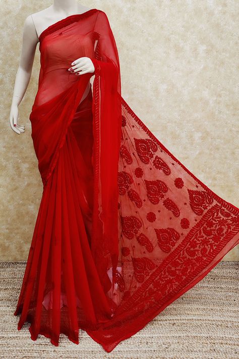 Red Chikankari Saree, Red Colour Saree, Lucknowi Chikankari Saree, Cotton Sarees Online Shopping, Chikankari Saree, Silk Sarees With Price, Cotton Sarees Online, Lucknowi Chikankari, Beautiful Sarees