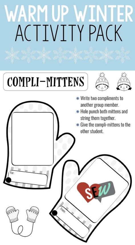 Compli-Mittens. An activity to get students to practice giving and receiving compliments. Part of the Warm Up Winter Activity Pack from Social Emotional Workshop. Winter Themed Social Emotional Activities, December Social Emotional Activities, Winter Therapy Activities For Kids, School Social Work Activities, Toolbox Ideas, Social Work Activities, Group Counseling Activities, Giving Compliments, Communication Activities