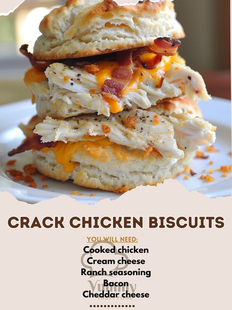 🍗 Crack Chicken Biscuits: Irresistible, cheesy, bacon-packed chicken on a biscuit! #ChickenLove Crack Chicken Biscuits Ingredients: Cooked chicken, shredded (2 cups) Cream cheese (8 oz) Ranch seasoning (1 packet) Bacon, cooked and crumbled (1/2 cup) Cheddar cheese, shredded (1 cup) Refrigerated biscuits (1 can) Instructions: Mix chicken, cream cheese, ranch, bacon, and cheddar. Split biscuits, fill with mixture, replace tops. Bake at 375°F until biscuits are golden. 🐔🧀 Grab a bite of our ... Shredded Chicken Biscuit Recipes, Chicken Cream Cheese, Chicken Biscuits, Chicken Shredded, Chicken And Biscuits, Cheesy Bacon, Cream Cheese Chicken, Cooked Chicken, Ranch Seasoning