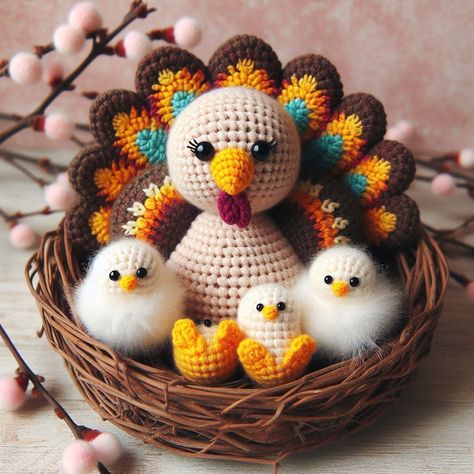 Create a Thanksgiving turkey amigurumi with chicks. This crochet pattern adds festive charm, perfect for holiday decorations or gifts. Thanksgiving Amigurumi, Amigurumi Turkey, Thanksgiving Crochet, Thanksgiving Turkey, Christmas Crochet, Holiday Decorations, Happy Thanksgiving, Crochet Pattern, Crochet Patterns