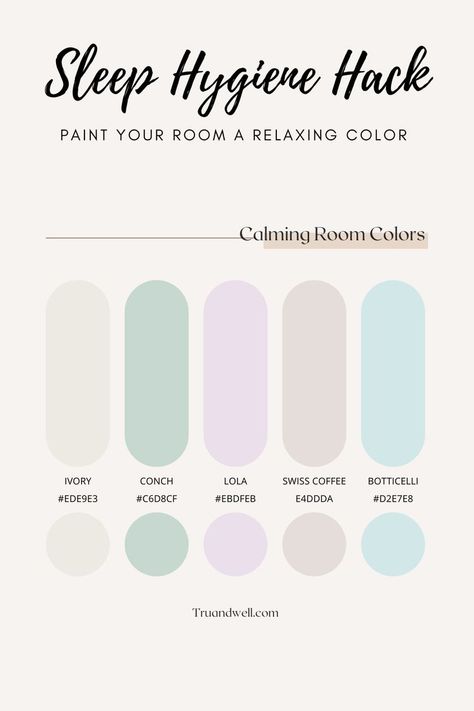 It's proven that sleeping in a room with a relaxing color can help promote a better night's rest. Here are some colors with hex codes and close color name matches. With this ultimate sleep hygiene hack you can have a pretty bedroom and get the ultimate night's rest! #sleephygiene #relaxingcolors #bedtimeroutine #nighttimeroutine Calming Colors For Bedroom Sleep, Calming Color Palette Bedrooms, Sleep Colour Palette, Relaxing Room Colors, Sleep Color Palette, Light Bedroom Colors, Bedroom Color Schemes Relaxing, Colors With Hex Codes, Soothing Bedroom Colors