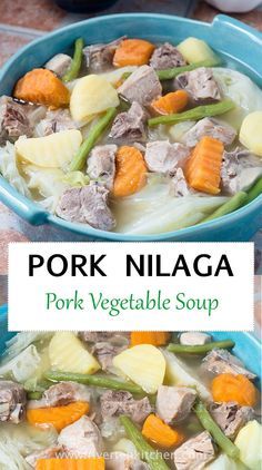 A Filipino style pork soup. Pork Nilaga is a clear pork soup full of healthy vegetables such as potatoes, cabbage, and green beans. The pork is boiled until meltingly tender and the vegetables simmered creating a light, filling, and naturally sweet broth. Filipino Nilaga Recipe, Nilaga Recipe, Pork Nilaga, Tinola Recipe, Filipino Dinner, Soup Pork, Filipino Pork Recipes, Pork Soup Recipes, Potatoes Cabbage