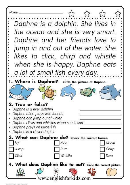 Reading Comprehension Worksheets: Daphne the Dolphin 1st Grade Reading Worksheets, First Grade Reading Comprehension, Past Continuous, Story Reading, Grade 1 Reading, Reading Comprehension For Kids, Reading Comprehension Kindergarten, Present Continuous, Reading Comprehension Lessons