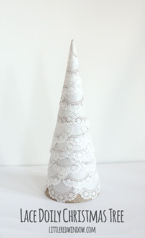 Make your own Lace Doily Christmas Tree, they're delicate, snowy and so pretty! And even better, super easy to make! via littleredwindow.com Doily Christmas Tree, Crocheted Christmas, Wedding Tree, Cone Christmas Trees, Lace Doily, Christmas Tree Crafts, White Christmas Decor, Tree Houses, Mini Christmas Tree