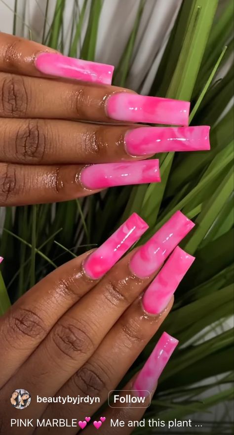 Hot Pink Acrylic Nails Designs Summer, Pink 2000s Nails, Hot Pink Square Acrylic Nails, Hot Pink Nails With Design Summer, Hot Pink Nails Summer, Hot Pink Marble Nails, Marble Pink Nails, Hot Pink Nails Acrylic, Hot Pink Summer Nails