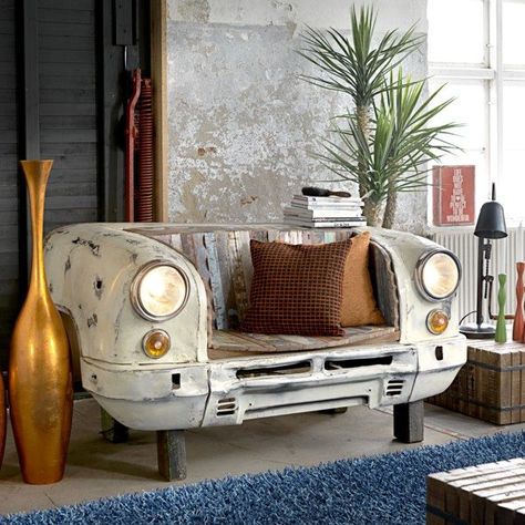 Home Decor Created from Old Car Parts Will Transform Your Living Space Deck Furniture Layout, Recycle Interior, Car Parts Decor, Old Car Parts, Car Part Furniture, Metal Sofa, Automotive Furniture, Car Furniture, Unusual Home