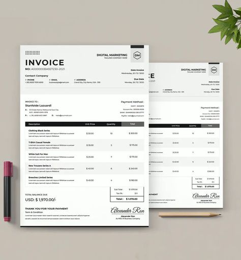 Digital Marketing Invoice Template. AI, EPS, PSD. Adobe Photoshop, Adobe Illustrator. Easy to use the files. A4 Paper Size. CMYK Color. 300 DPI. Well Organized Layers. Print Ready files. Free Fonts used. Quotation Format, Invoice Format, 보고서 디자인, Track Expenses, Invoice Design Template, Invoice Design, Brochure Template Layout, Documents Design, Booklet Design