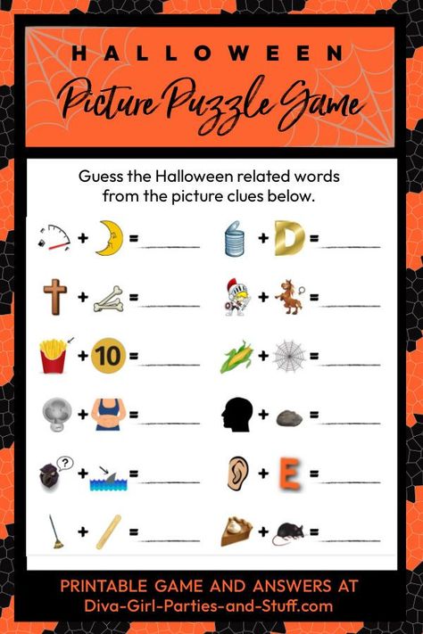 Halloween picture puzzle game, printable Halloween game, Halloween rebus puzzle Halloween Emoji Game, Halloween Word Games, Free Printable Halloween Games, 2 Syllable Words, Halloween Board Game, Word Puzzles For Kids, Kids Lunch Box Notes, Quotes Halloween, Emoji Puzzle