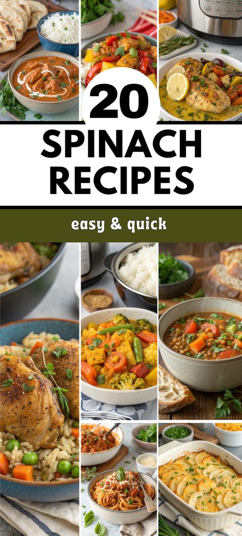 Looking for delicious meals? These 20 easy spinach recipes are packed with flavor and perfect for every meal of the day! From creamy dips to hearty dinners, these spinach easy recipes will help you enjoy the health benefits of spinach in every bite. Whether you're searching for the best spinach recipes or need quick spinach dinner recipes, this list has something for everyone. Try these tasty dishes today and get your spinach fix! #spinachrecipes #easyspinachrecipes Healthy Dinners With Spinach, Easy Meals With Spinach, Cooked Spinach Recipes Side Dishes, Uses For Spinach, Easy Recipes With Spinach, Healthy Meals With Spinach, Ways To Use Spinach, Mediterranean Spinach Recipes, Meals With Spinach Dinners