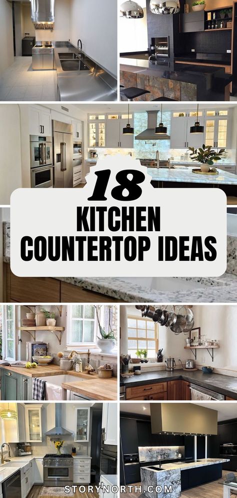 Save this pin for a plethora of kitchen countertop inspiration to elevate your next renovation project! Discover the latest trends and timeless classics. #KitchenRenovation #HomeDecor #CountertopIdeas Kitchen Counters Different From Island, Kitchen Remodel Quartz Countertops, Glass Countertops Kitchen, Porcelain Countertops Kitchen, Kitchen Countertop Trends, Travertine Countertops, Corian Kitchen Countertops, Kitchen Countertops Ideas, Kitchen Countertop Ideas