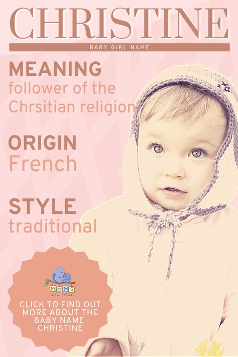 Christine is a French girl’s baby name that means “follower of the Chrsitian religion”. Christine had lasting popularity for more than a century although popularity has dropped off in the last decade. Christine is the feminine form of the name Christian. #babynames #girlnames Baby Name Meaning, Christine Daae, Getting Ready For Baby, Baby Name List, Instagram Names, Baby Names And Meanings, Unique Baby Names, Christian Symbols, Name List