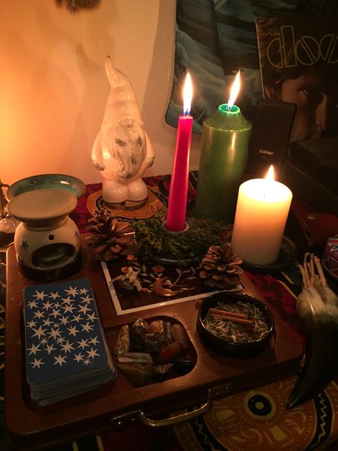 Vibing and surviving in my tiny space #yule #wicca #altar Tiny Altar, Yule Wicca, Yule Altar, Wicca Altar, Tiny Space, Coven, Yule, Tea Light Candle, Tea Lights