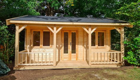 Shed With Veranda, Summer House With Pergola, Summerhouse With Veranda, Safari Style Interior, Summerhouse With Side Shed, Oak Framed Garden Annexe, Front Verandah, Garden Cabins, Wooden Gazebo