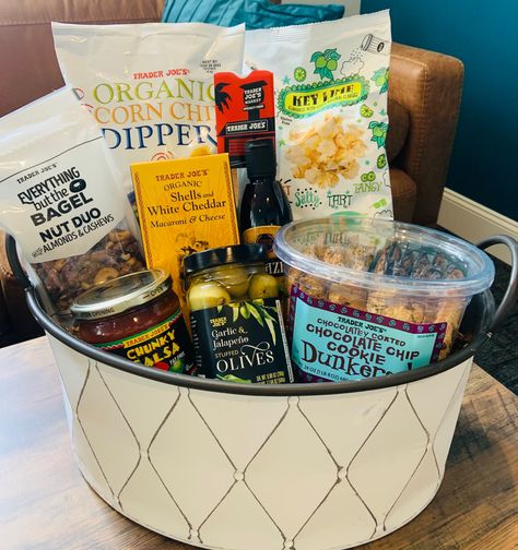 Trader Joe Gift Basket Ideas, Trader Joe’s Gift Basket Ideas, Basket Theme, Winter Gift Basket, Silent Auction Basket, 50 50 Raffle, Trader Joes Snacks, Silent Auction Baskets, Auction Basket