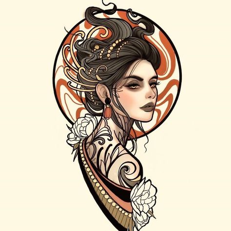 Traditional Tattoo Girls, Neo Traditional Art, Traditional Tattoo Woman, Geisha Tattoo Design, Face Tattoos For Women, Neo Tattoo, David Wilson, Medusa Art, Geisha Tattoo