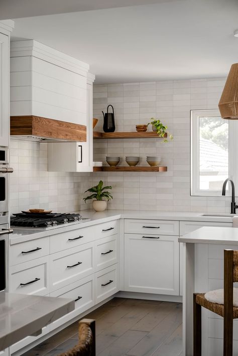 Black White Walnut Kitchen, White Kitchen Dark Floors, White Laminate Countertops, White Subway Tiles Kitchen Backsplash, Gray Subway Tile Backsplash, Walnut Accents, Kitchen Moodboard, Gorgeous White Kitchen, Small White Kitchens