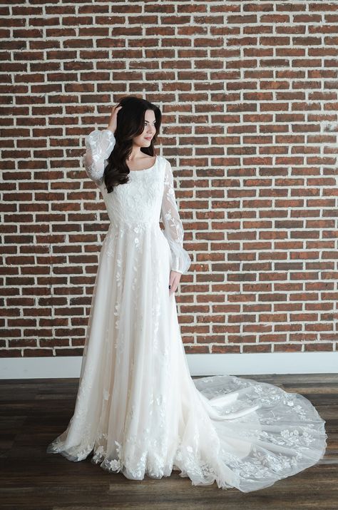 Wedding Dress Long Puffy Sleeves, Wedding Dresses Modest Long Sleeve, Modest Wedding Dresses With Sleeves Vintage, Modest Wedding Dresses With Sleeves Boho, Modest Modern Wedding Dress, Modest Whimsical Wedding Dress, Solid Long Sleeve Wedding Dress, Simple Long Sleeve Wedding Dresses, Modest Fall Wedding Dresses