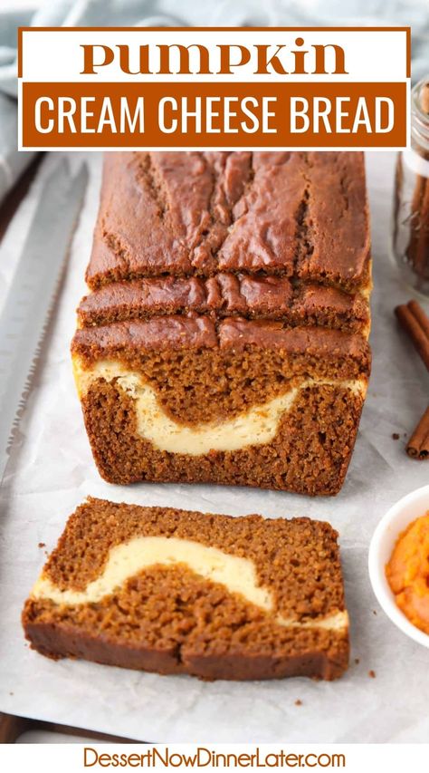 Pumpkin Cream Cheese Bread is tender and moist with the perfect blend of pumpkin spice, and is layered with a creamy cheesecake filling. This delicious cream cheese filled pumpkin bread creates a beautiful loaf with contrasting orange and white swirls for the perfect fall dessert. Cream Cheese Stuffed Pumpkin Bread, Cream Cheese Quick Bread, Cream Cheese Filled Pumpkin Bread, Pumpkin Bread With Cream Cheese Filling, Bread Loaf Ideas, Pumpkin Cream Cheese Loaf, Pumpkin And Cream Cheese Recipes, Pumpkin Loaf With Cream Cheese, Pumpkin Cheesecake Bread