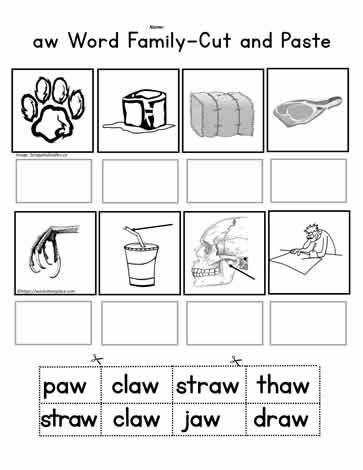 aw Word Family Cut and Paste Aw Words Worksheet, Family Teaching Ideas, Aw Words, Activity Kindergarten, Teach Family, Phonics Worksheets Free, Blends Worksheets, Word Family Worksheets, First Grade Phonics