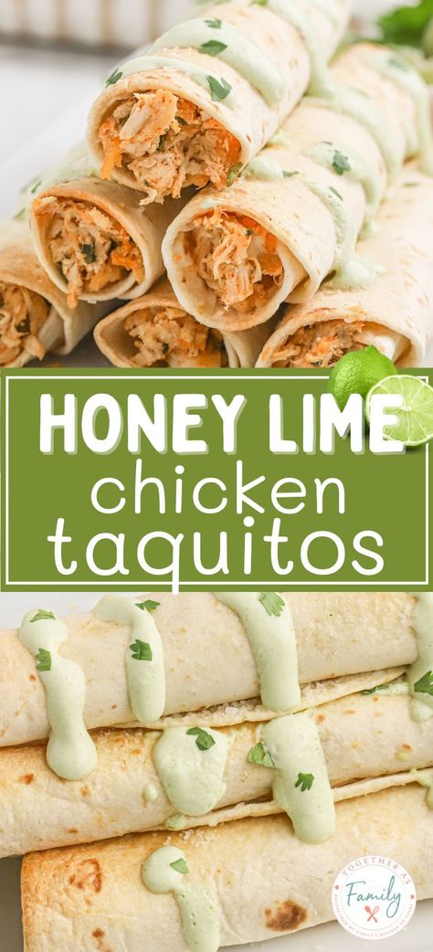 Honey Lime Chicken Taquitos, Cilantro Lime Chicken Taquitos, Taquitos Chicken, Easy Salsa Verde, Mini Chicken Tacos, Homemade Taquitos, Lime Chicken Tacos, Taquitos Recipe, Honey Lime Chicken