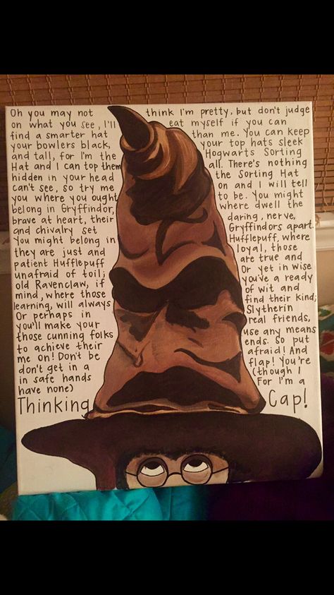 The Sorting Hat Drawing, Painting Of Harry Potter, Sorting Hat Painting, Harry Potter Painting On Canvas, Harry Potter Project Ideas, Canvas Painting Ideas Harry Potter, Harry Potter Inspired Paintings, Harry Potter Artwork Paintings, Harry Potter Acrylic Painting Easy