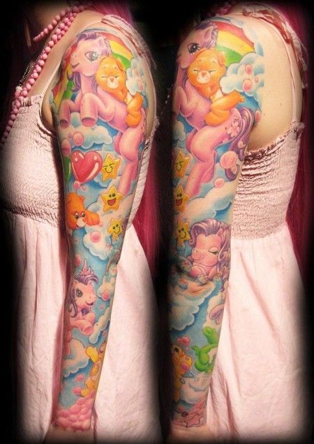 My Little Pony, Care Bears sleeve tattoo...I would never do this, but Oh.my.childhood!! My Little Pony Tattoo, Care Bear Tattoos, Bear Tattoo Designs, Sick Tattoo, Theme Tattoo, Geniale Tattoos, Bear Tattoo, Bad Tattoos, Arm Sleeve Tattoos