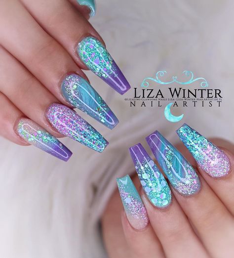 Glittery Acrylic Nails, Unghie Sfumate, Fancy Nails Designs, Mermaid Nails, Pretty Nail Art Designs, Dope Nail Designs, Nail Designs Glitter, Fabulous Nails, Coffin Nails Designs