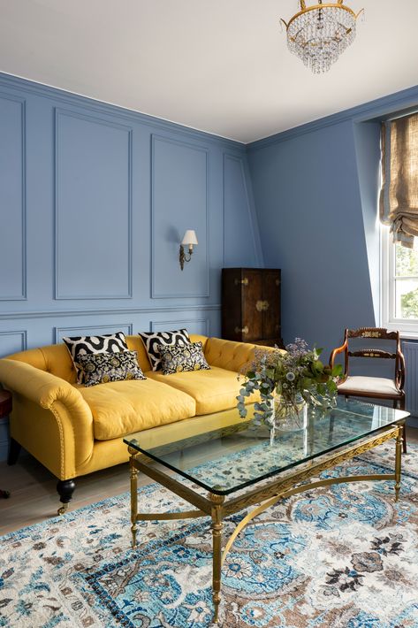 Light Blue Panelling Living Room, Blue Wall Panelling Living Room, Dusky Blue Living Room, Teal Panelling Living Room, Dark Blue Living Room Panelling, Light Blue Interior Design, Powder Blue Living Room, Panelled Living Room, Blue Sitting Room