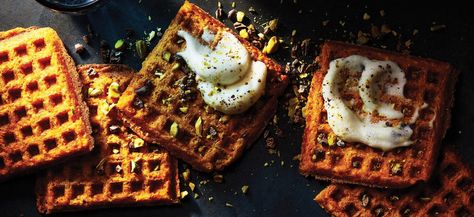 Sweet Potato Dessert Waffles Sweet Potato Dessert Waffles Oatmeal Waffles, Sweet Potato Dessert, Cranberry Orange Sauce, Potato Waffles, Dessert Waffles, Fluffy Waffles, Sweet Potato Waffles, Cinnamon Oatmeal, Cacao Nibs