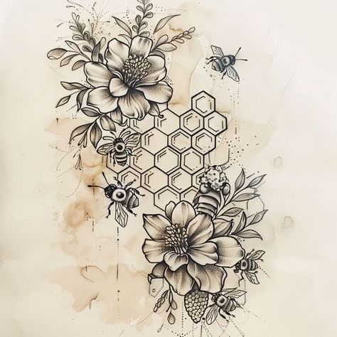 Sunflower Tattoo Add On, Half Sleeve Inspiration, Athletic Tattoos Female, Mason Jar Tattoos For Women, Simple Tattoos For Women Hand, Tattoo Idea Sleeve Female, Best Tatoos Woman, Honey Bee With Honeycomb Tattoo, Watercolor Bee Tattoo Ideas