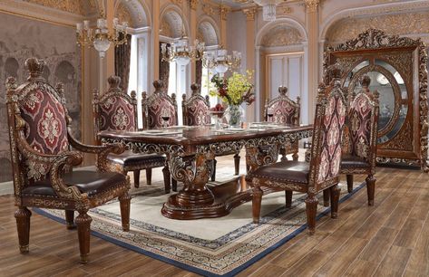 Clemente Formal Dining Room Set Victorian Dining Room Table, Carved Dining Table, Formal Dining Room Sets, Antique Dining Room, Dining Room Victorian, Interior Design Dining, Style Dining Room, Round Marble Dining Table, Dining Table Gold