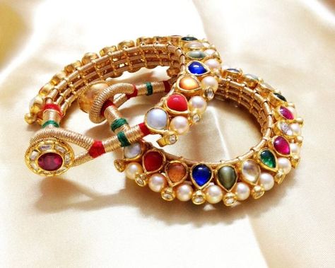 Navratna set in traditional style ponchi | Jadau Jewellery ... Navratan Bangles, Pandora Rose Gold Bracelet, Hyderabadi Jewelry, Jadau Jewellery, Rajputi Jewellery, Diwali Special, Antique Jewellery Designs, Antique Jewelry Indian, Bridal Fashion Jewelry