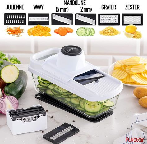 Fullstar - Mandoline Slicer, Vegetable Slicer and Grater - Food, Fruit Slicers with Glass Storage Container - 6 Blades, White Slicing Onions, Veggie Slicer, Mandoline Slicer, Potato Slicer, Food Slicer, Glass Storage Containers, Mandolin Slicer, Cheese Grater, Vegetable Slicer