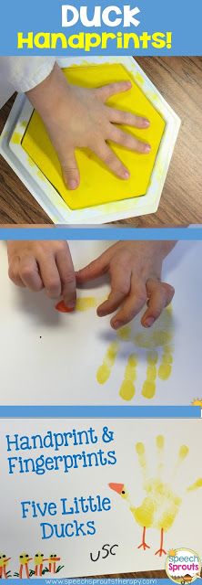 My kids loved this art activity! Stamp hand-prints and fingerprints to go with Five Little Ducks. Spring Speech Therapy Ideas That Are Just Ducky! Five Little Ducks Activities, Ducks Preschool, Preschool Displays, Preschool Slp, Nursery Rhyme Crafts, Speech Therapy Ideas, Five Little Ducks, Spring Speech Therapy, Speech Therapy Crafts