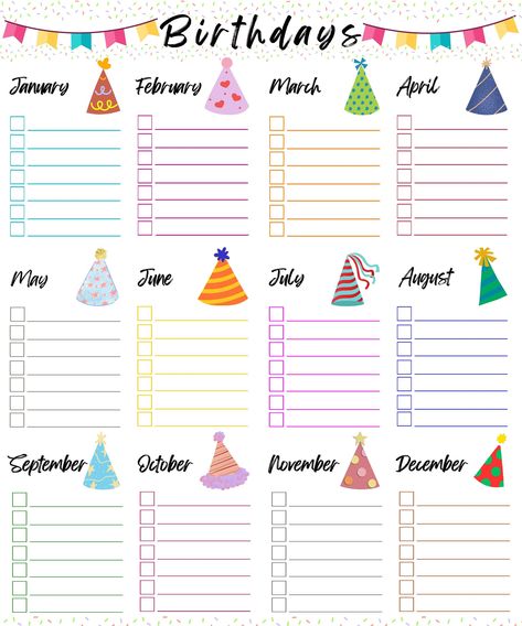 Keep track of birthdays with this fun Birthday tracking sheet! A great way to organize, list and track birthdays! This is a printable version and can be edited with Adobe or any PDF editable app.  Portrait version = 8.5 inches (W) x 11 inches (H) (215.9 by 279.4 mm) and is similar in use to the A4 paper standard  This is a instant downloadable file. No shipping required and final sale. *Please contact with any questions! Thank you!* Thank you! Birthday Calendar Classroom, Calendar Birthday, Birthday Organizer, 74th Birthday, Birthday Tracker, Birthday Reminder, Calendar Pictures, Bulletin Journal Ideas, Office Birthday