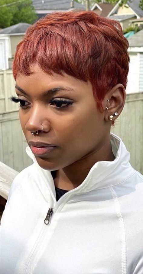 Pixie Haircut Color Ideas Black Women, Short Colored Pixie Hair Black Women, Pixie Haircut For Black Women 4c, Copper Pixie Cut Black Women, Red Pixie Cut On Black Women, Auburn Pixie Haircut Black Women, Dyed Pixie Cut Black Women, Pixie Haircut For Black Women Color, Color Pixie Hair Black Women