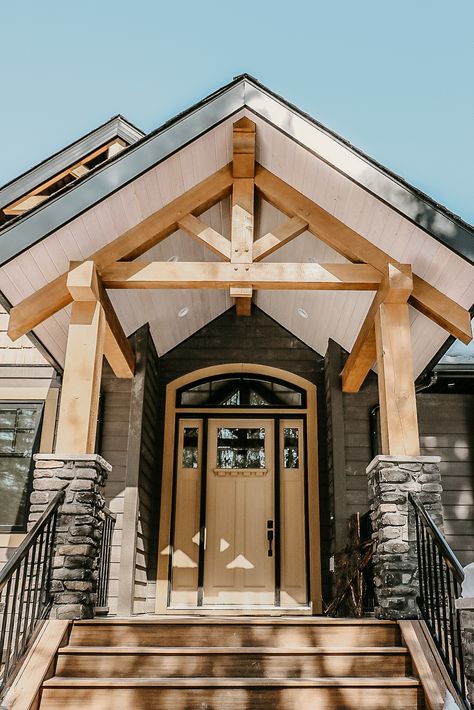 Wood Gable Front Porch, Cedar Portico Entry, Post And Beam Entrance, Timber Frame Entryway, Timber Frame Gable, Timber Frame Front Entry, Timber Frame Homes Exterior, Timber Frame Entrance, Timber Framed Porch