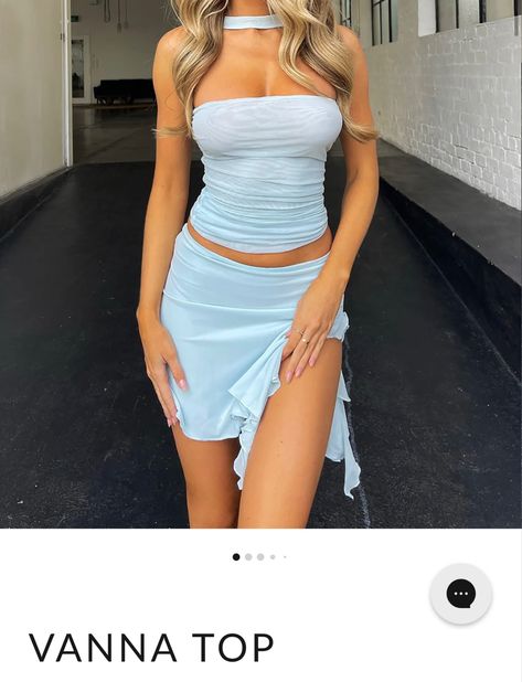 Blue Mini Skirt Outfit, Tiger Mist Outfits, Sky Blue Outfit, Mesh Mini Skirt, Light Blue Sky, Light Blue Top, Blue Two Piece, Sky Blue Color, Pink Mini Skirt