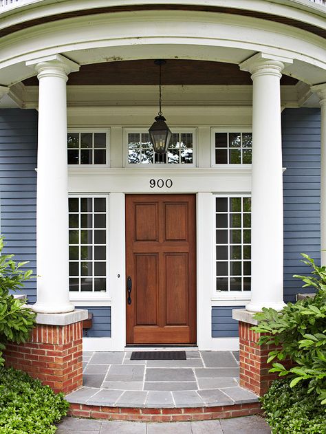 Pretty windows and white trim makes this classic brown door stand out. See more ideas for exteriors: http://www.bhg.com/home-improvement/exteriors/?socsrc=bhgpin072612classicbrowndoor Traditional Front Doors, House Porch, Front Door Makeover, House Work, Brown Doors, Colonial Exterior, Florida Style, Front Door Entrance, Property Brothers