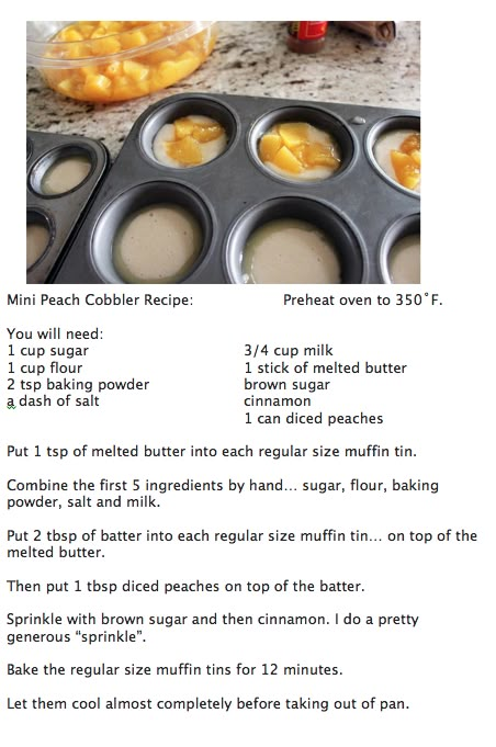 Mini Peach Coblers Mini Peach Cobbler, Peach Cobbler Cupcakes, Peach Cobbler Muffins, Peach Dumplings, Peach Dessert Recipes, Fun Dessert, Peach Desserts, Muffin Tin Recipes, Peach Cobbler Recipe