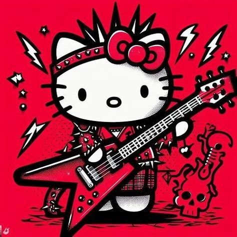 Punk Rock Hello Kitty, Punk Rock Guitar, Punk Hello Kitty, Red Hello Kitty, Punk Wallpaper, Guitar Drawing, Kitty Pictures, Doll Drawing, Red Y2k