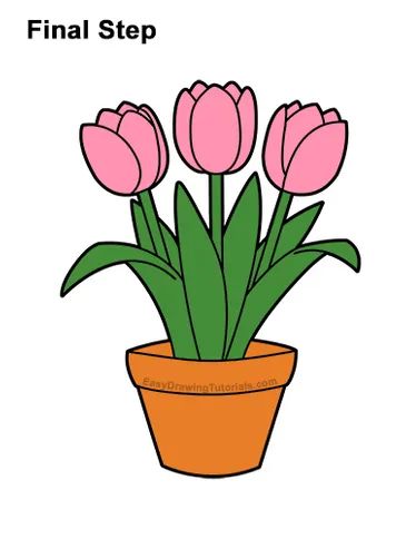 Cute Tulips Drawing, Drawing Ideas Tulips, Cute Plants Drawing Cartoon, Tulips Design Drawing, Flowers Drawing Tulip, Plant Drawings Simple, Flower Pot Drawing For Kids, Tulip Cartoon, Pink Tulips Drawing Aesthetic