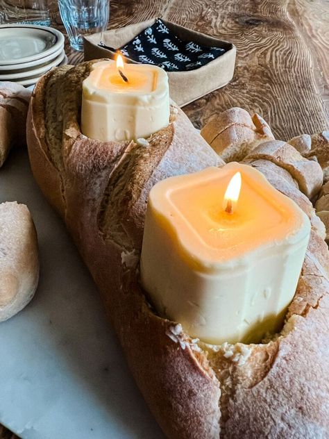 Candles In The Kitchen, Garlic Bread Candle, Candle Butter Bread, How To Make Butter Candles, Bread With Butter Candle, Butter Themed Party, Butter Candle Bread Bowl, Butter Candle Bread, Garlic Butter Candle Recipe