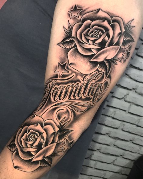 Familia Rose Tattoo, Bibi Tattoo, November Tattoo Ideas, Baby Hand Tattoo, November Tattoo, Forearm Name Tattoos, Rose Vine Tattoos, Rose Tattoo With Name, Aztec Tattoos Sleeve