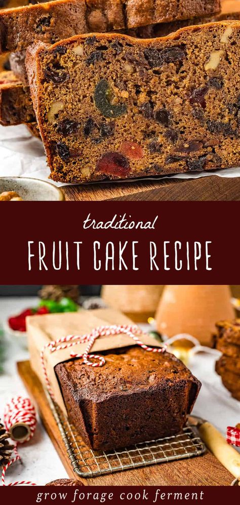 Dive into the festive season with this traditional fruit cake recipe, one of the best homemade desserts and healthy dessert recipes. This age-old favorite combines real and candied fruit, with the option to add rum, making it a delightful treat full of holiday cheer. A great way to add a touch of nostalgia to your dessert table. Find more holiday foods, homemade desserts, and winter comfort foods at growforagecookferment.com Fruit Cake Loaf Recipe, Homemade Fruitcake Recipe, Dark Fruitcake Recipes Christmas, Fruit Pound Cake Recipes, Dark Fruit Cake Recipe With Rum, Fruit Cake With Rum, Homemade Fruit Cake Recipe, Boiled Fruit Cake Recipes, Fruit Cakes Christmas