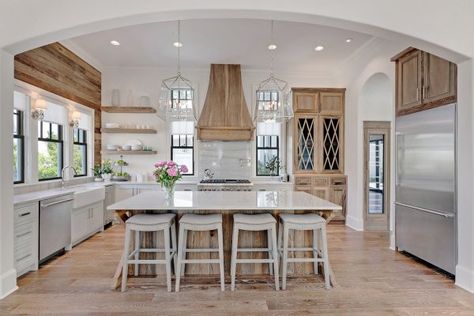 Old Seagrove Homes Farmhouse Kitchen, 20 Farmhouse Kitchens via A Blissful Nest Kitchen With 2 Sinks, Stove Vent, Best Kitchen Lighting, Builder Grade Kitchen, Transitional Farmhouse, 7 Elements, Wood Tiles, Best Farmhouse, Farmhouse Kitchens