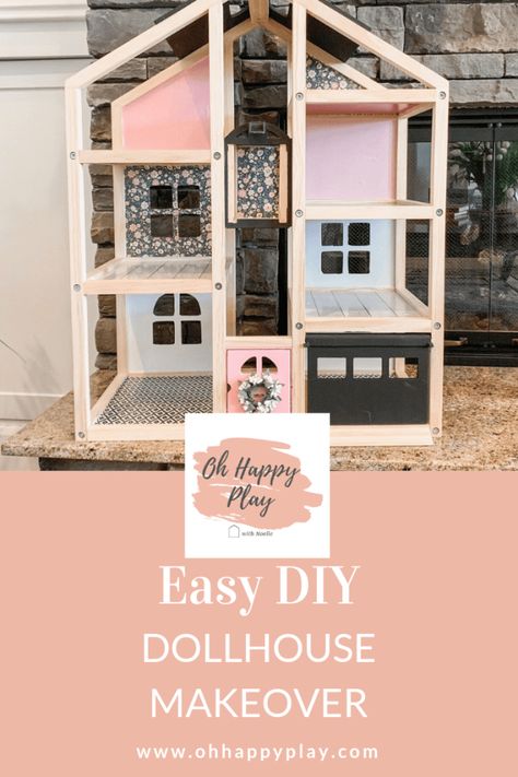 Fun ideas for an EASY DIY dollhouse makeover by Oh Happy Play. Bring an old dollhouse from drab to fab with these simple ideas. #dollhouse #diy #kidstuff #ohhappyplay Simple Diy Dollhouse, Barbie House Makeover Diy, Build Your Own Dollhouse Easy Diy, Diy Gabbys Dollhouse, Diy Paint Dollhouse, Kidkraft Dollhouse Makeover, Dollhouse Upcycle, Redo Barbie House Diy Dollhouse, Doll House Makeover Diy