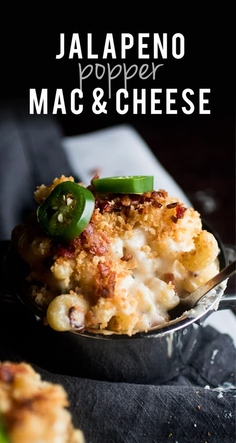 Jalapeño Popper Mac and Cheese | Put a twist on a classic jalapeño popper appetizer with this easy but gourmet jalapeño macaroni and cheese! Homemade macaroni and cheese recipe with creamy white cheddar cheese sauce, bacon, jalapeño slices, and bread crumbs. Baked casserole style or great on its own as a stovetop recipe. A loaded mac and cheese with a kick from jalapeños and baked in the oven. Popper Appetizer, Jalapeno Popper Mac And Cheese, Mac Cheese Recipes, Macaroni N Cheese Recipe, Jalapeno Popper, Macaroni Cheese, Cheese Recipe, Jalapeno Poppers, Sauce Tomate