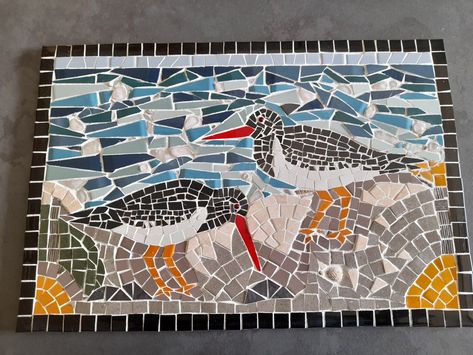 Mosaic Tiles, Beach scene Broken Tile Mosaic, Oyster Catcher, Tile Mosaic, Mermaid Blanket, Beach Scene, Beach Scenes, Mosaic Patterns, Mosaic Tiles, Mosaic